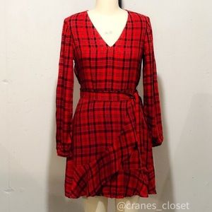 Express Red Black Plaid Faux Wrap Dress Flounce S